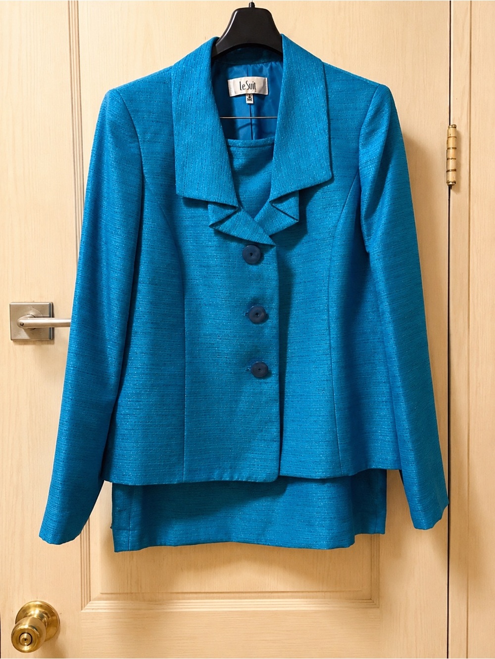 Le Suit Turquoise Blue Textured Skirt Suit 2-Piece Size 12